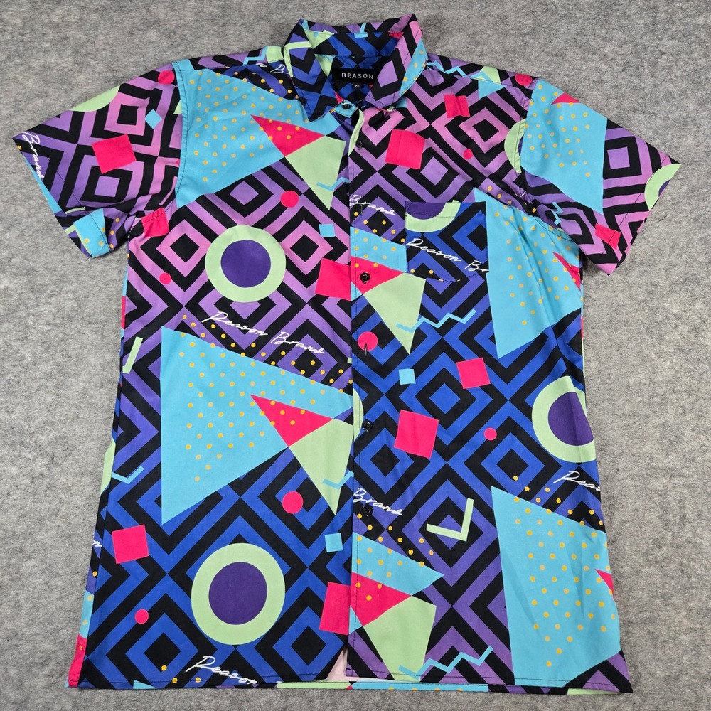 Reason Mens Multicolor 90s Retro Memphis Geometric Button Up Shirt XL